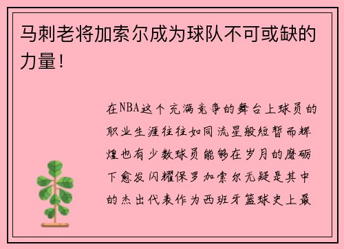 马刺老将加索尔成为球队不可或缺的力量！